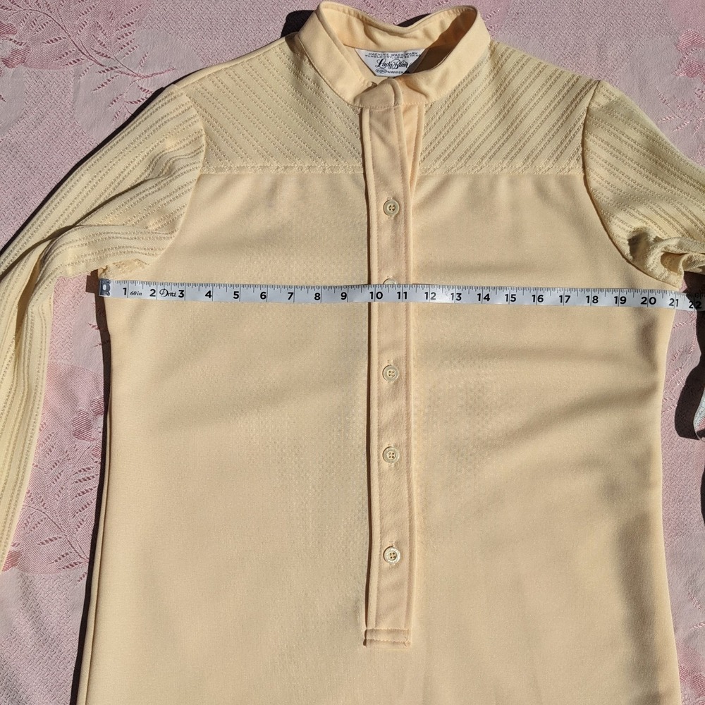 Vintage 70s Mod Shirt Dress M/L Yellow Midi Pointelle Lace Sleeve Shift Mandarin - Picture 9 of 14